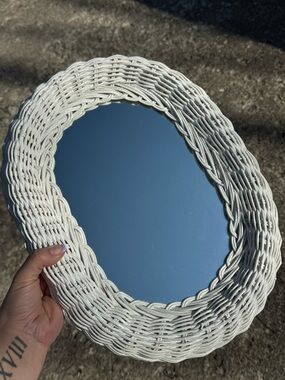 Vintage White Wicker Mirror + Oil Lamp Bundle